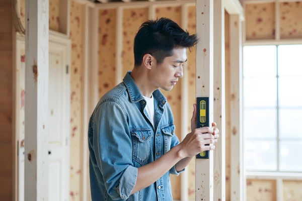 Young man using level on wooden frame